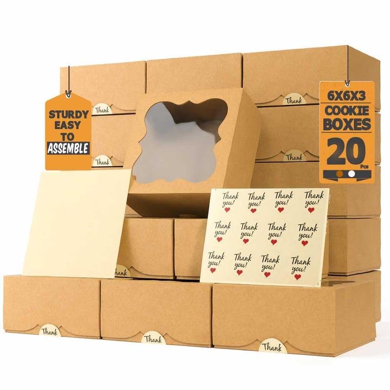 Leafiew 20 Pack Cookie Boxes for Gift Giving â€“ 6X6X3 Inches Bakery Boxes with Window - Extra Thick Small Cookie Containers for Treats, Desserts, Strawberries, Cupcakes, Candy, Charcuterie, Baked Goods, Pastry - Image 1